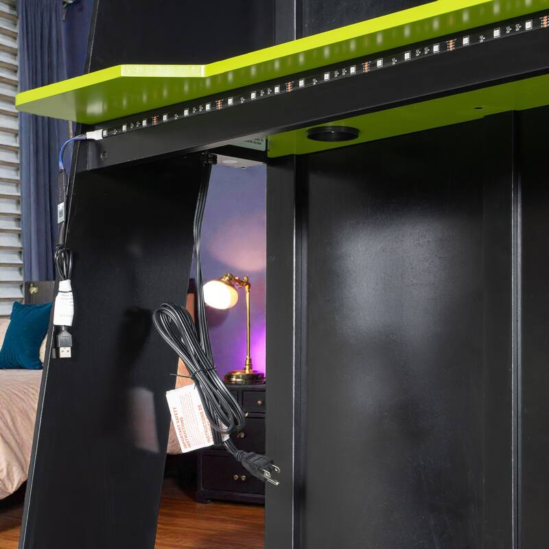 L-Shaped Twin Gaming Bed Frame with RGB LED Lights, USB Ports, TV Stand, Storage Shelves & Reversible Loft Design