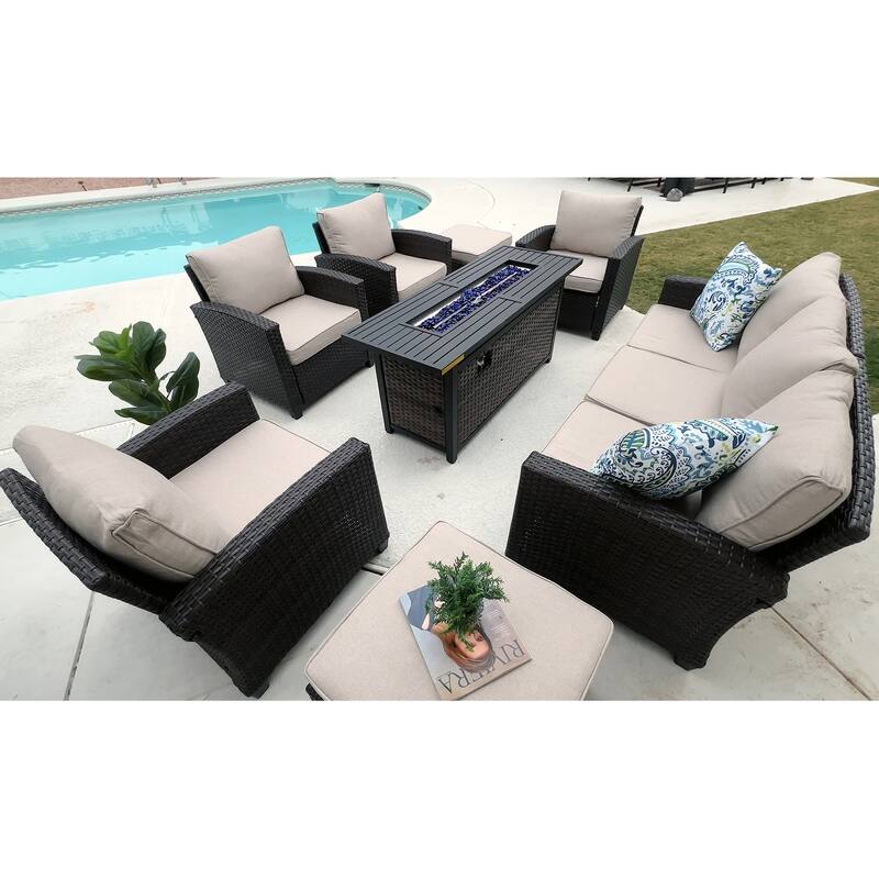 7/9-Seat Patio Furniture Wicker Rattan Outdoor High-back Sectional Sofa Conversation Set with Firepit Table