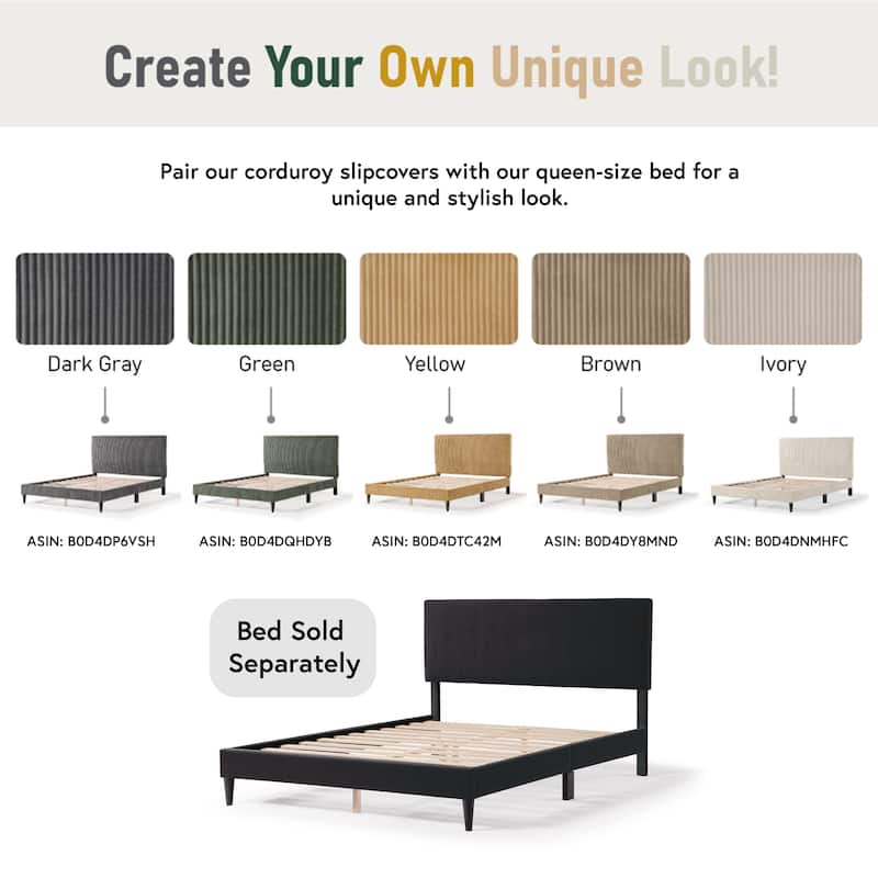 Furniture of America Modern Queen Size Corduroy Washable Bed Slipcover, Bed Headboard & Frame Cover Only