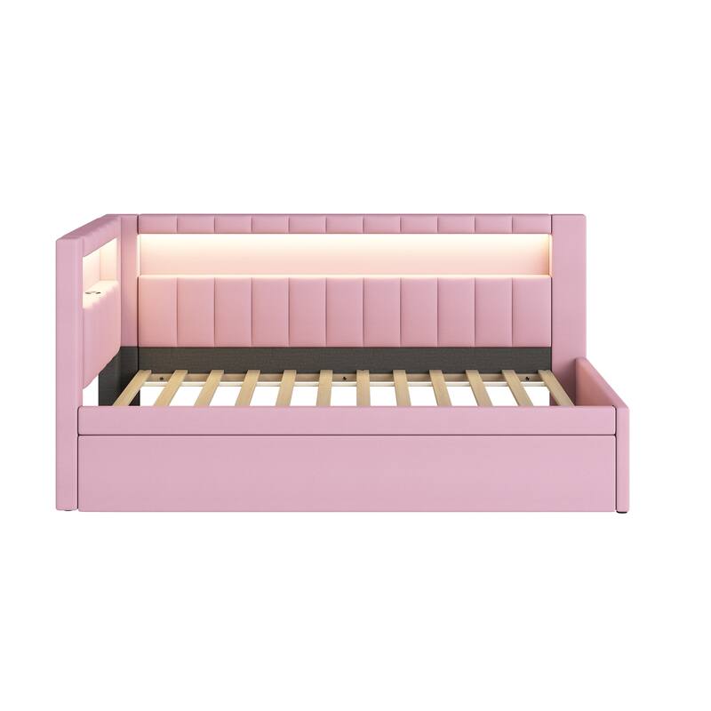 L-Shaped Daybed Linen Upholstered Corner Sofa Bed Built-in USB Ports and LED Belt Platform Bed with Optional Trundle or 2 Drawer