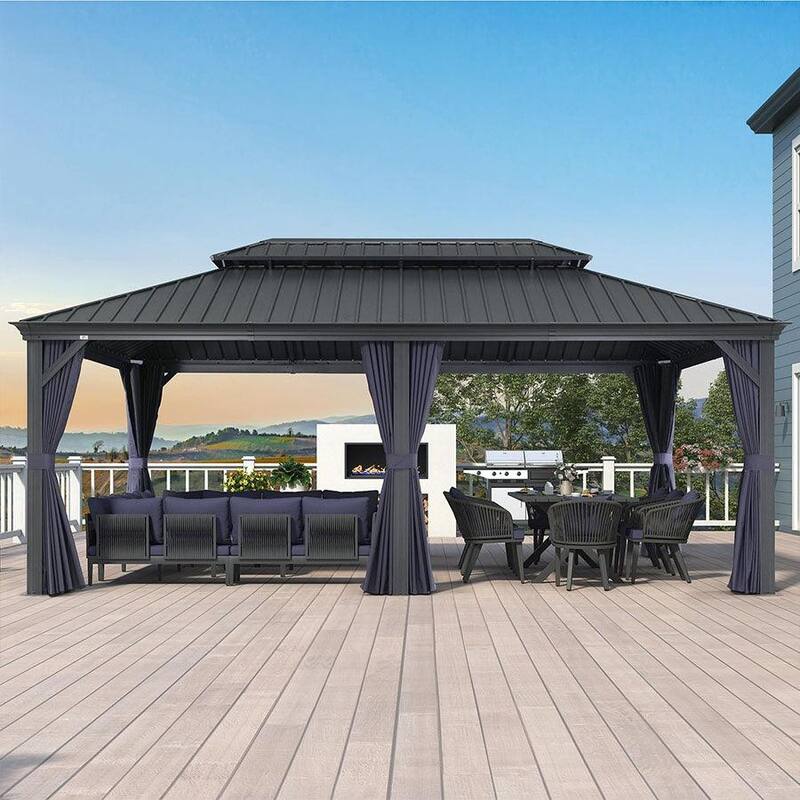 PURPLE LEAF Outdoor Galvanized Steel Hardtop Gazebo, Aluminum Frame Gazebo With Curtains