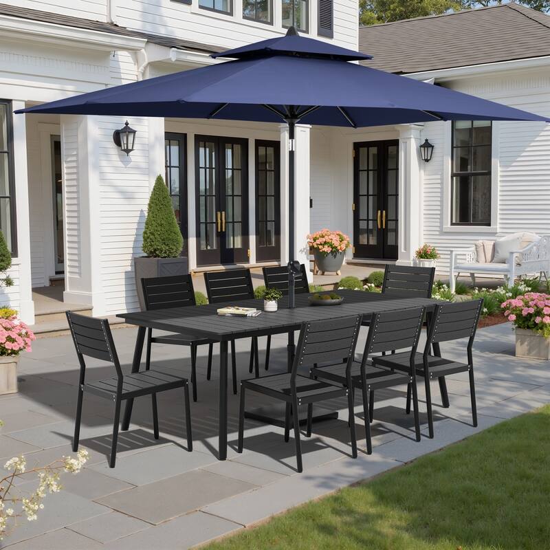 11-Piece Patio Dining Set Aluminum Table and 8 Stackable Chairs w/10 ft Umbrella and Base Stand - Black Table with Navy Blue Umbrella