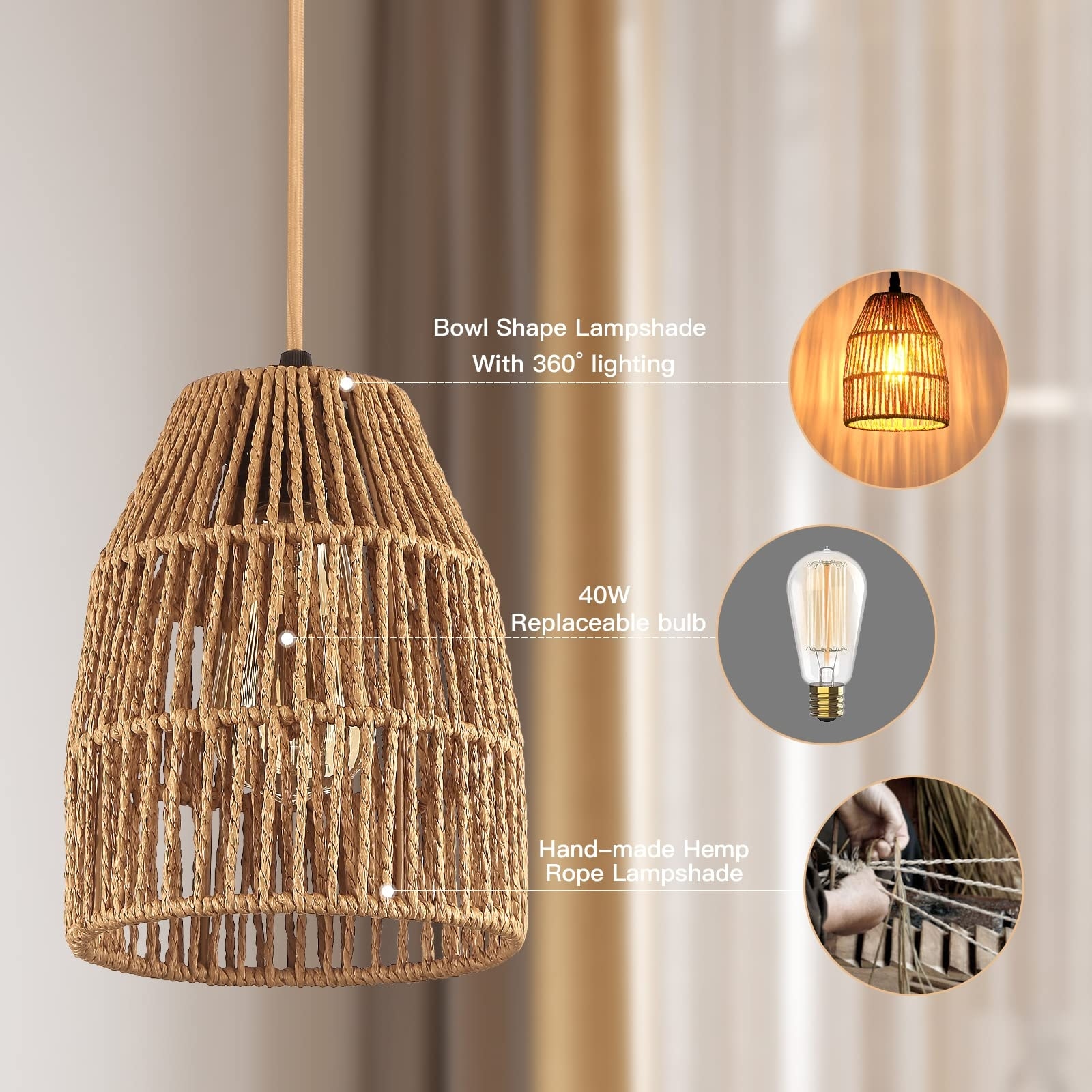 YANSUN 1 Light Boho Pendant Light Plug in Rustic Hand Woven Hemp Rope Cage Hanging Lamp with On Off Switch 6.9 in. Brown
