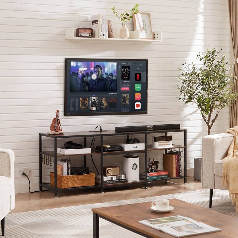 VECELO Wood TV Stand with Charging Station with Metal Frame, Storage Shelves Entertainment Center TV Cabinet