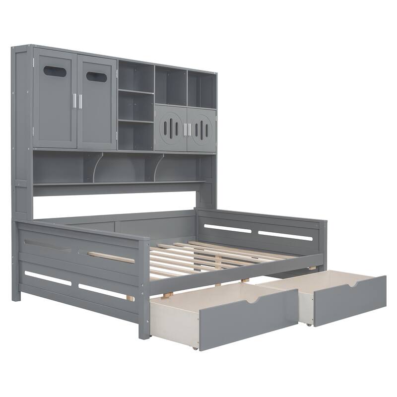 Contemporary Twin/Full Size Wooden Daybed with 2 Storage Drawers, Cabinet, and Shelf - Solid Wood Slats