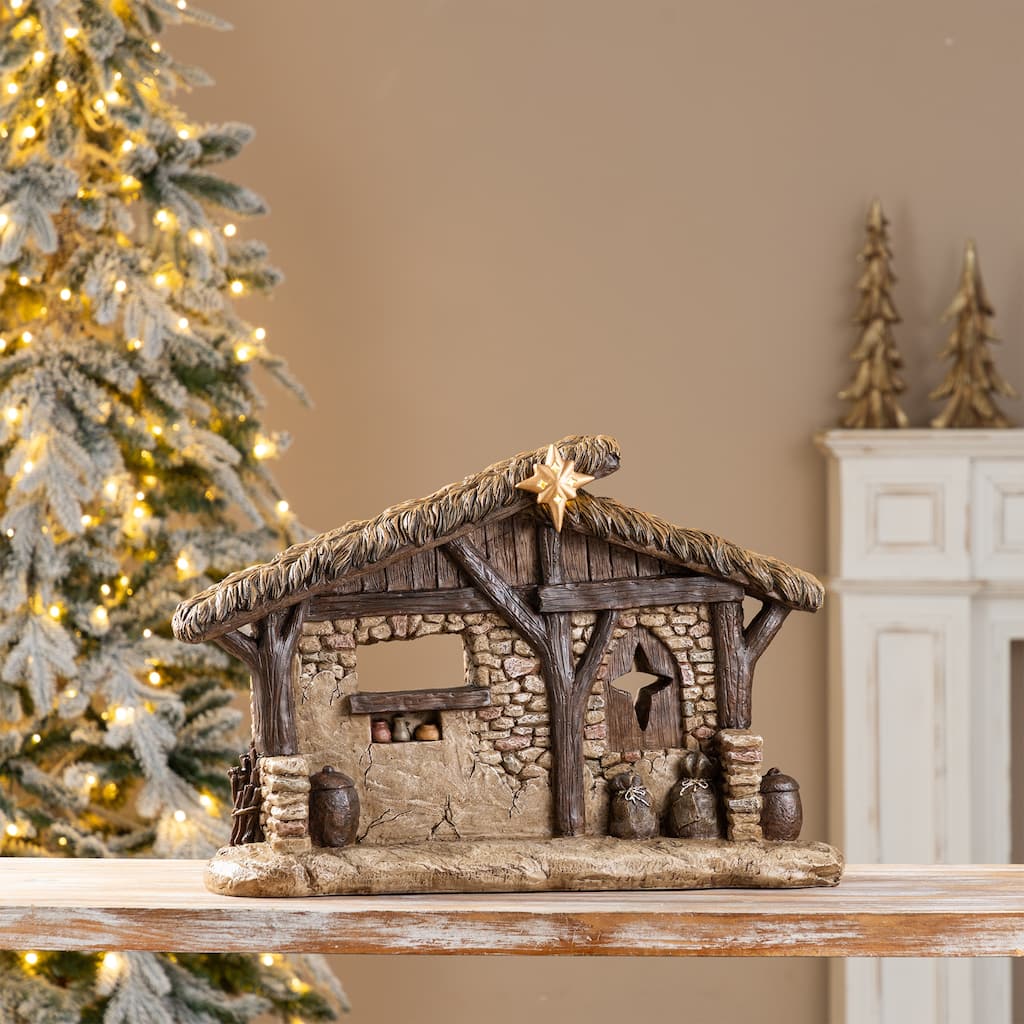 Glitzhome 14.5"H Lighted Resin Nativity Scene Stable Creche