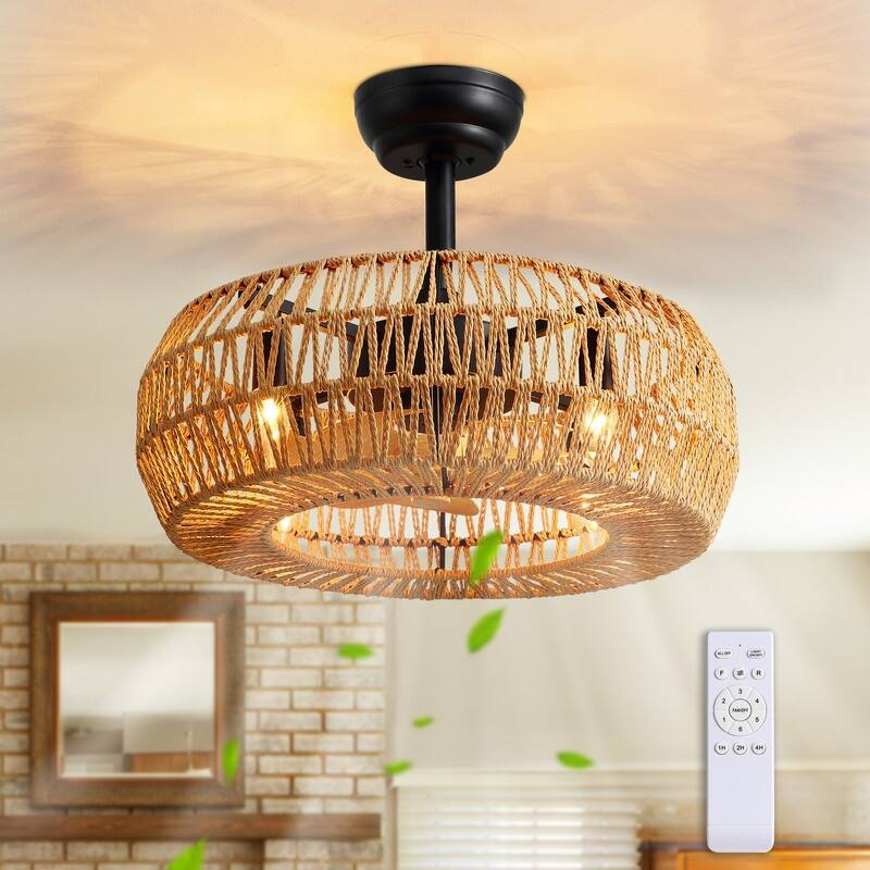 20" Boho Caged Ceiling Fan with Lights Remote Control Rattan Low Profile Ceiling Fan Farmhouse Ceiling Fansfor Kitchen Bedroom - Boho Caged Ceiling Fan