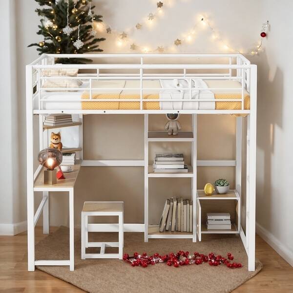 slide 2 of 25, Space-Saving Solid Metal Full Size Loft Bed, White