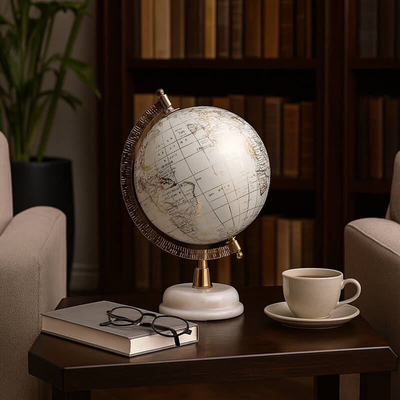 Resin Decorative Globe Modern Sleek Wood Base for Casual Home - 10.0" - White