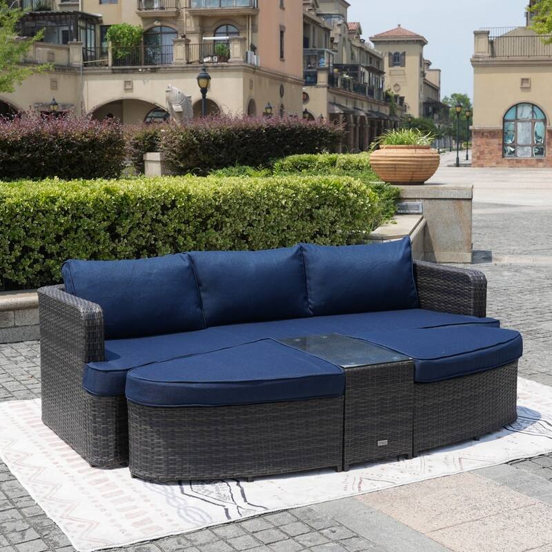 5-piece Patio Wicker Daybed Sectional Sofa Set with Side Table