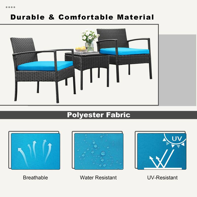 Outdoor Furniture 3 Piece Patio Bistro Furniture Set, Rattan Conversation Chairs Set with Side Table and Cushions