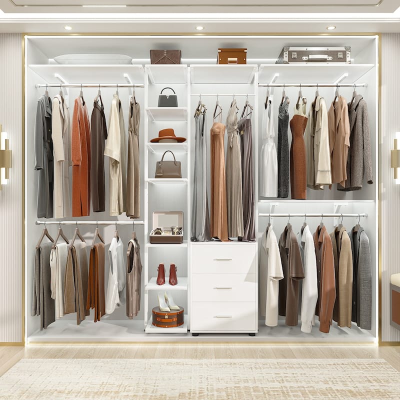 96'' Wide Heavy-duty Closet Organizer, Walk-in Closet System with Drawers and Tower Kit - White