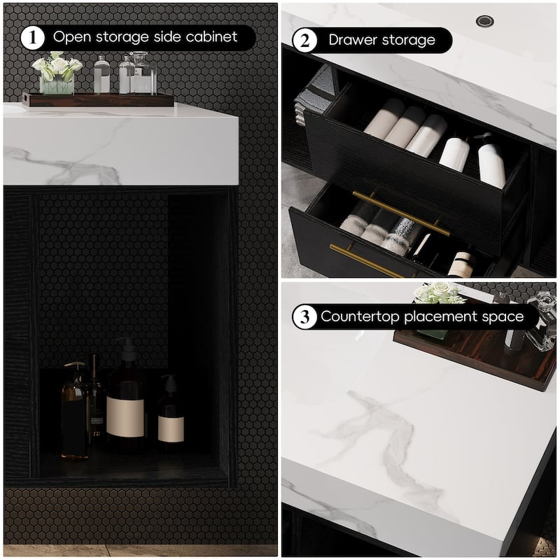 GDFStudio - Modern 39.4" Wall Mounted Floating Sintered Stone Bathroom Vanity with Seamless Ceramic Sink & Soft-Close Drawers