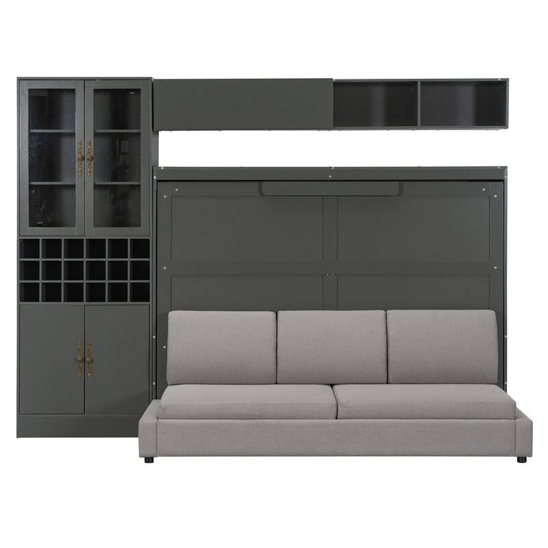 Full/Queen Size Murphy Bed Wall Bed with Sofa, Light and USB Charging, Foldable Murphy Cabinet Bed w/ Storage Shelves & Cabinets