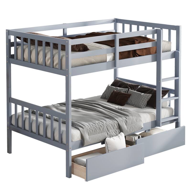 Convertible Twin Bunk Bed with 2 Drawers, Safety Guardrails, and Ladder, Grey