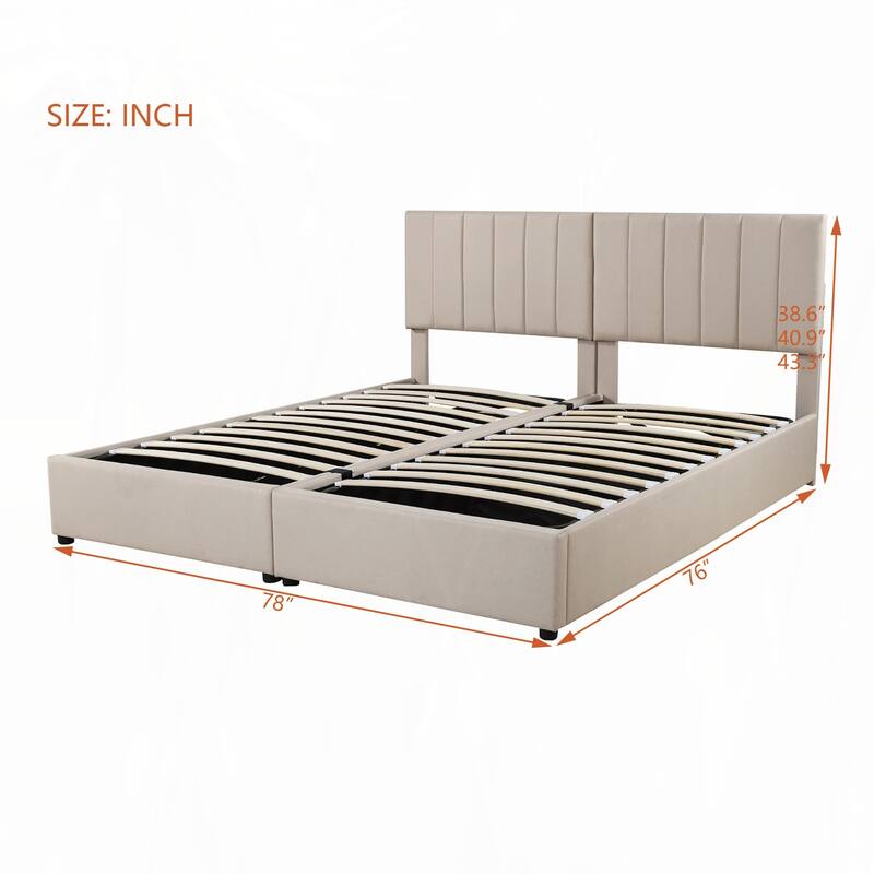 King Size Upholstered Platform Bed with a Hydraulic Storage System, Beige