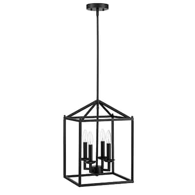 4-light pendant with black finish and steel cage shade