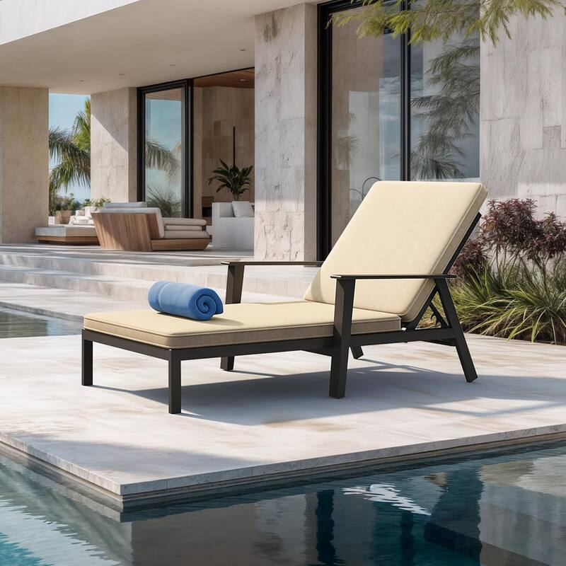 PURPLE LEAF Adjustable Chaise Lounge - Thick Cushioned Outdoor Recliner with Side Table, for Patio, Beach & Backyard (Khaki) - 1 Pcs Beige