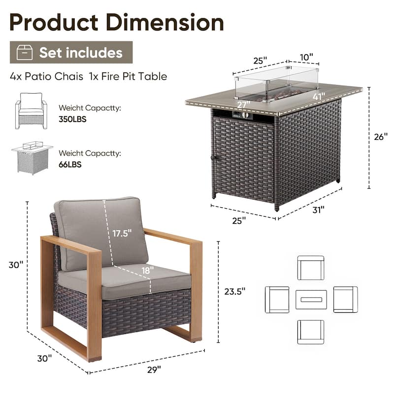 Pocassy 5 Pieces Outdoor Wicker Chair with Fire Table Set
