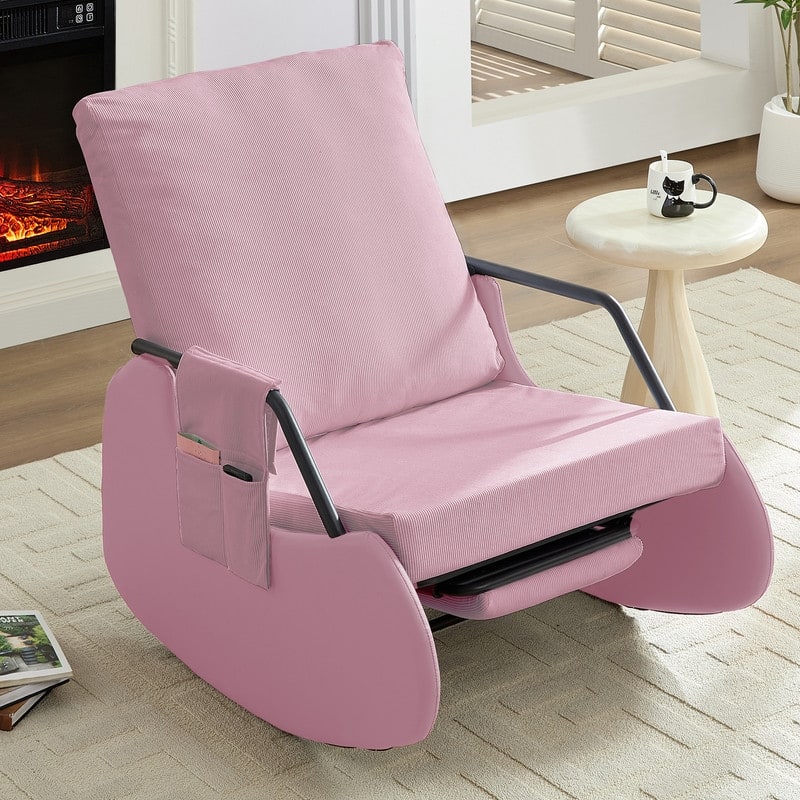 Mixoy Corduroy Upholstered Rocking Chair with Wooden Legs Wrapped in Leather,Adjustable Footrest