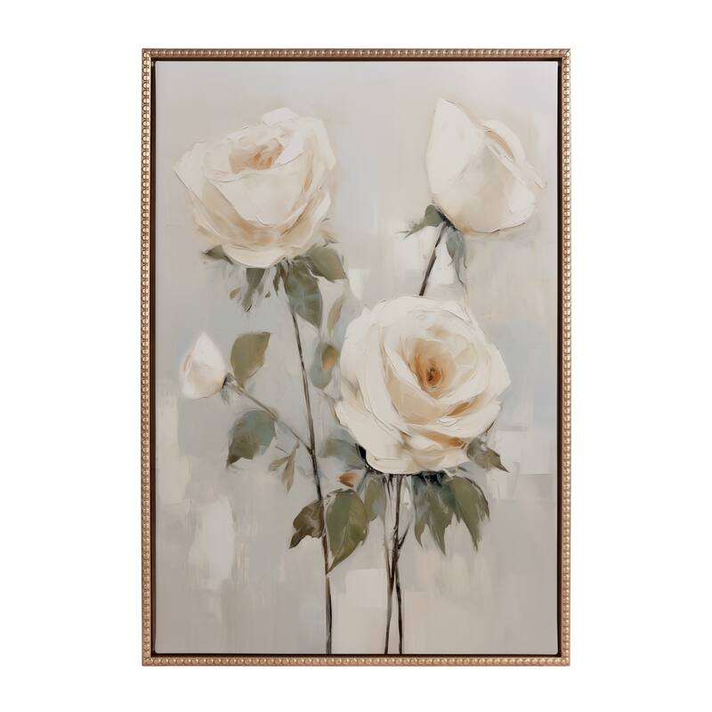Kate and Laurel Sylvie Beaded Soft White Roses Framed Canvas