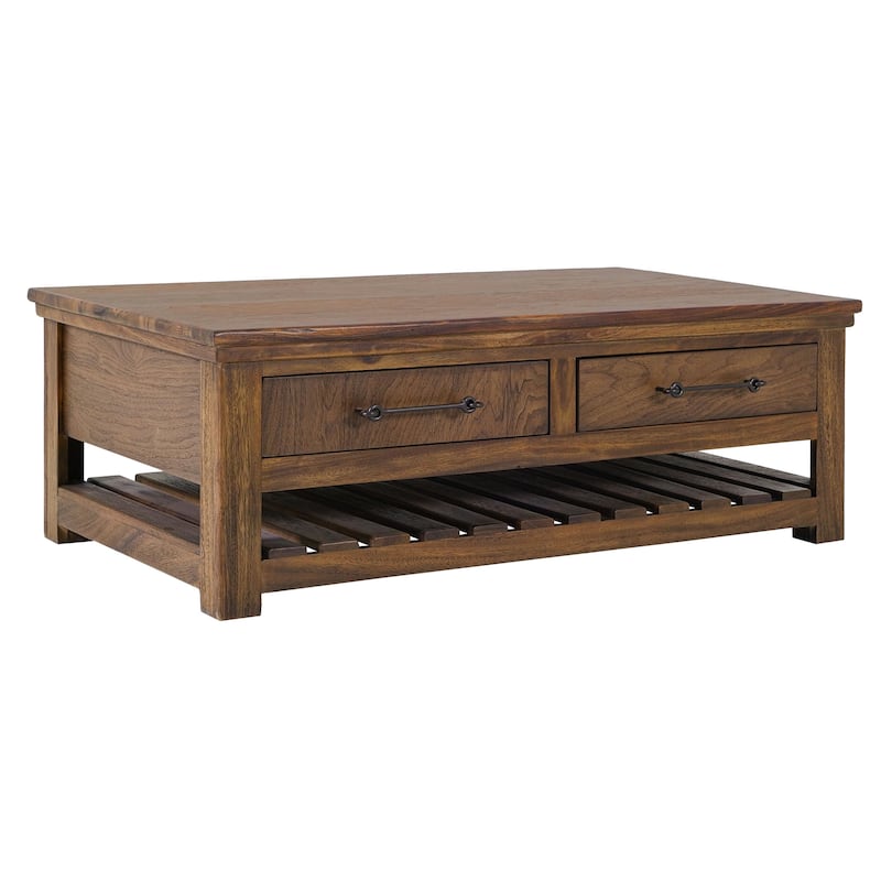 Ally Cocktail Coffee Table, 4 Drawers Shelf, Brown Parota Wood 50 Inch