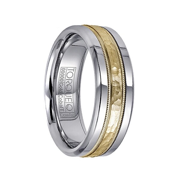Hammered 14k Yellow Gold Inlaid Milgrain White Cobalt Men ...