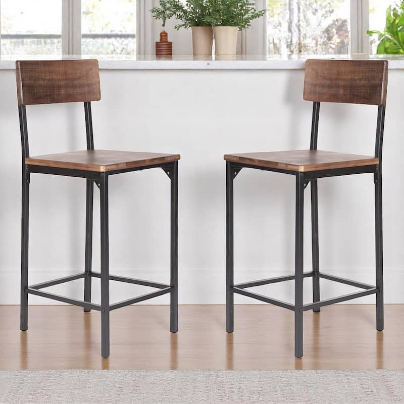 HomeRoots Set of Two 25" Brown and Black Solid Wood and Metal Counter Height Bar Chairs - Counter Height - Brown - Set of 2