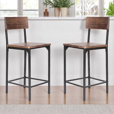 HomeRoots Set of Two 25" Brown and Black Solid Wood and Metal Counter Height Bar Chairs