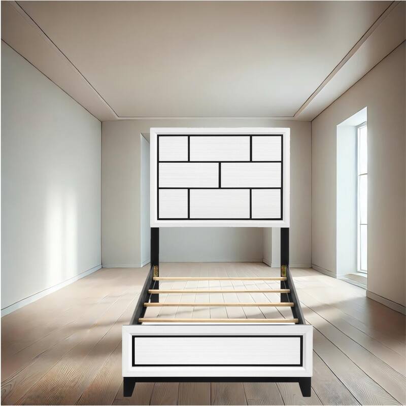 Sleek White Finish Platform Bed with Black Line Detailing - Available in Twin, Full, Queen, King Sizes - White - Twin