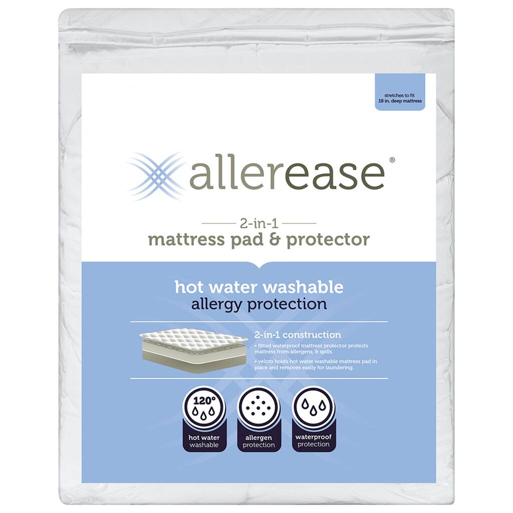 AllerEase 2-in-1 Mattress Pad & Protector, Hot Water Washable - White