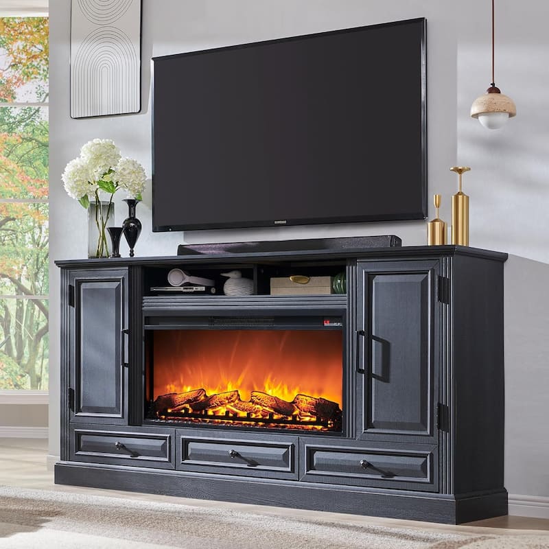 Farmhouse Fireplace TV Stand for 80 Inch TV, Entertainment Center - Black