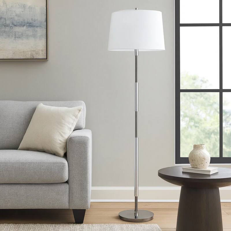 Siu 60 Inch Floor Lamp, Chrome Metal Pole w Finial Tip, White Shade