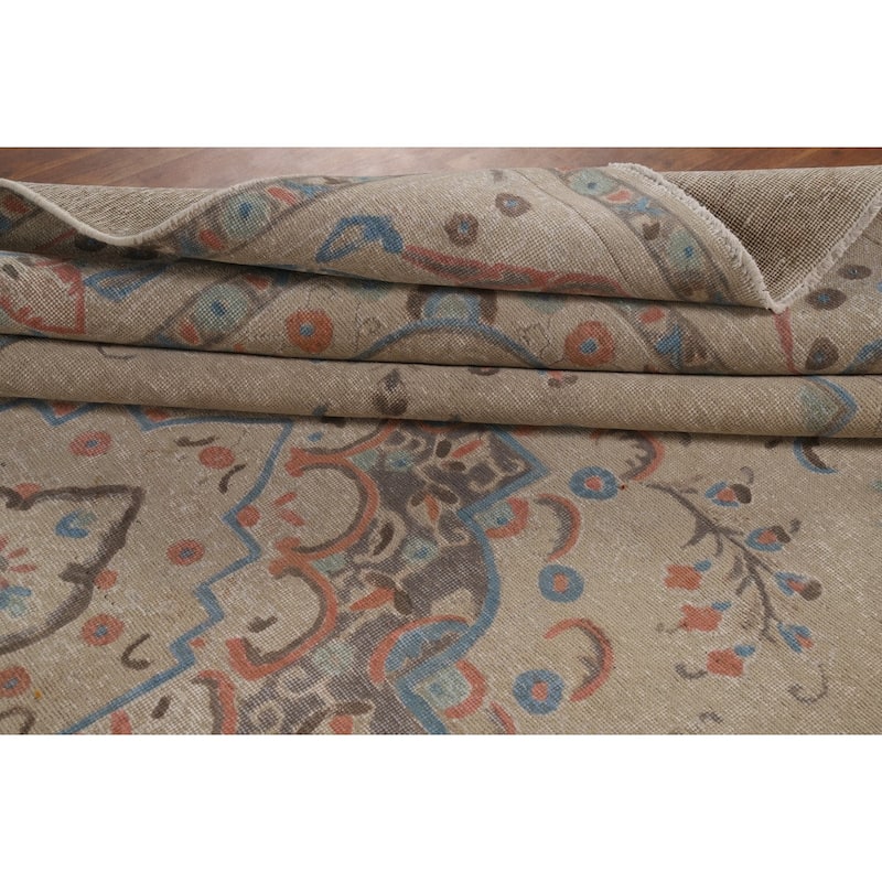 Geometric Beige Tabriz Persian Area Rug Hand-Knotted Wool Carpet - 9'8"x 13'4"