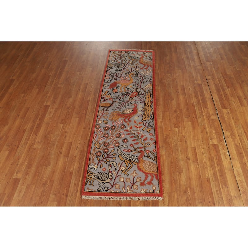 Hand Knotted Oriental 100% Wool Carpet Traditional All-Over Greys & Charcoal Ziegler Runner Rug - 7' 11'' X 2' 5''