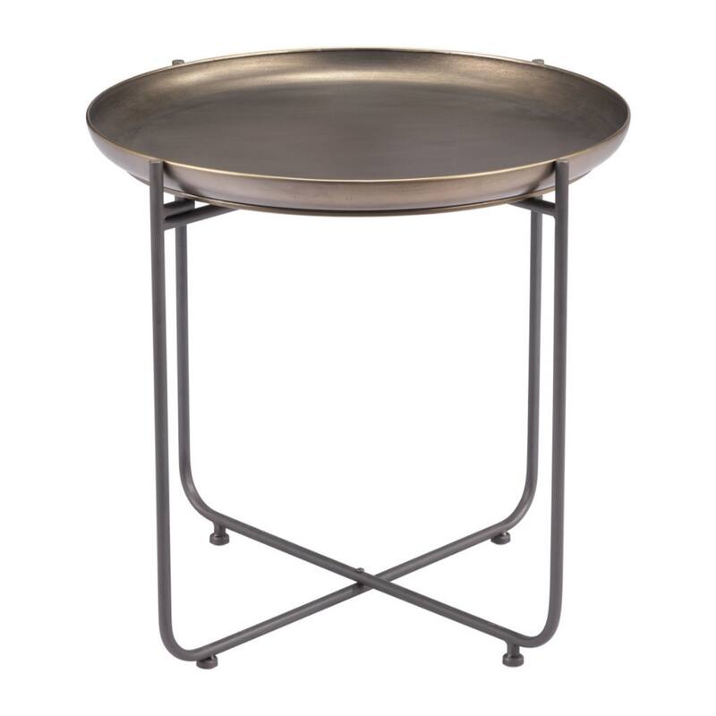 Compact 21-inch Round Steel End Table with Stylish Bronze Top and Grey Cross Frame Base - 21.3”H x 23”W x 23”L