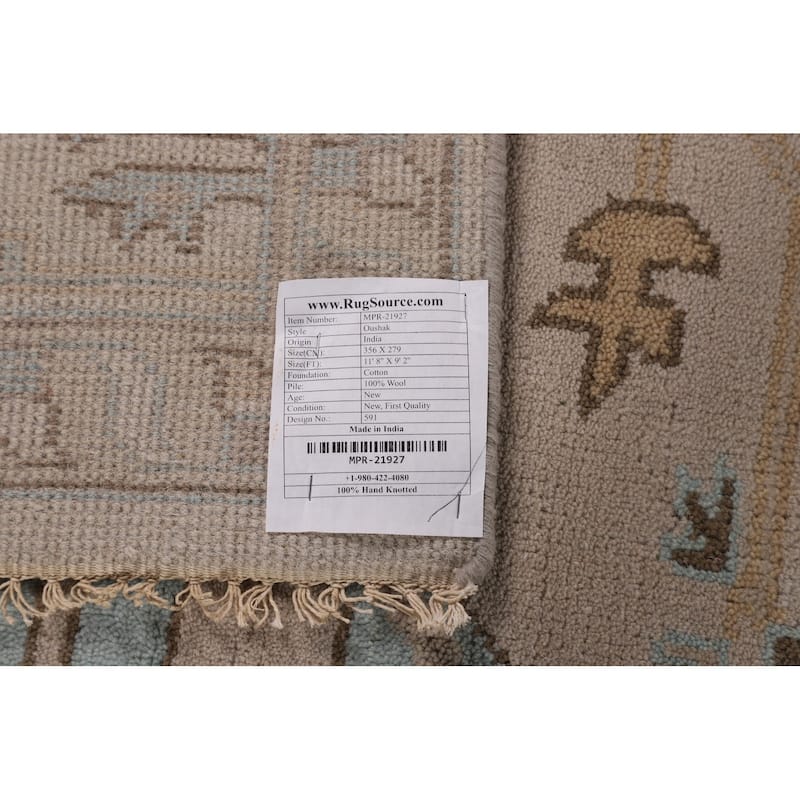 All-Over Beige Oushak Indian Area Rug Hand-Knotted Wool Carpet - 9'2" x 11'8"