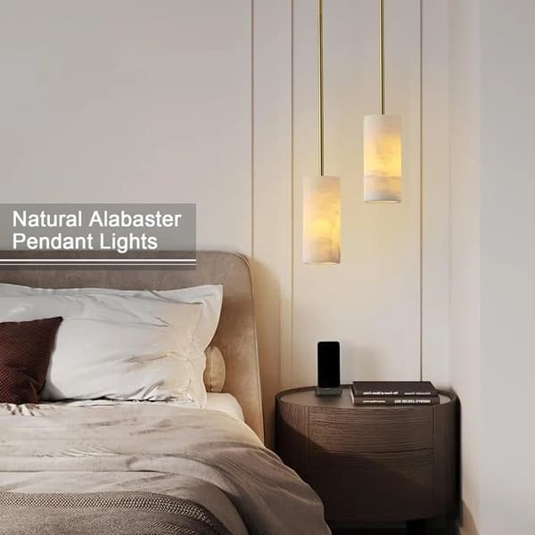 Nordic Height-Adjustable Stone Pendant Light – Wood Grain Travertine Shade, 3.9