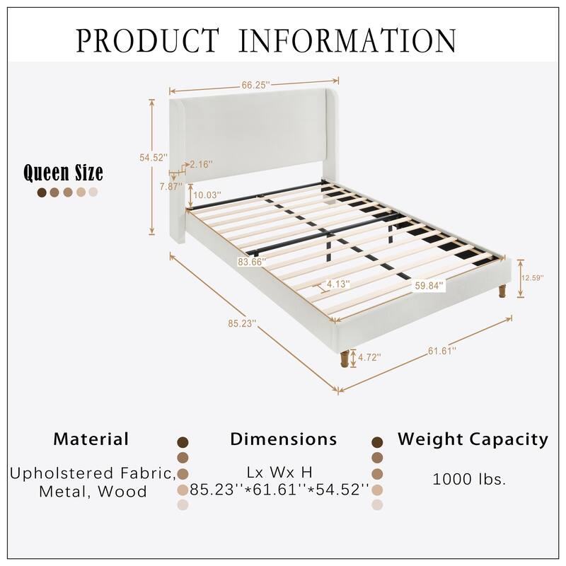 Queen Size Bed Frame High Headboard Upholstered Platform Bed