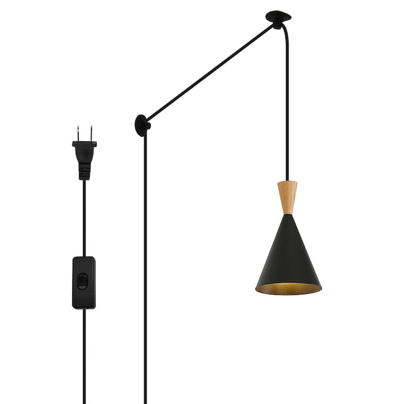 Modern Black/White Pendant Light Fixture with Plug in Cord Wood Metal, Adjustable Chandelier Hanging Lamps for Bedroom - Black