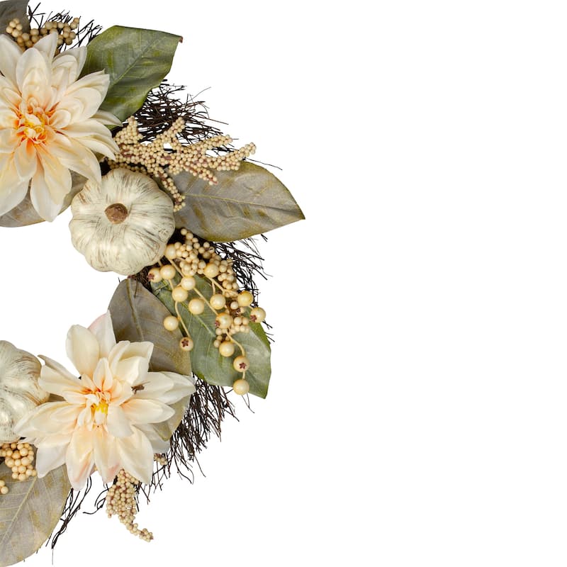 Dahlia and Pumpkin Fall Artificial Floral Wreath, 22-Inch