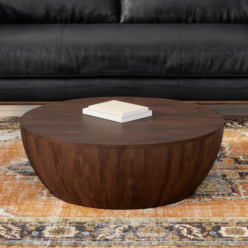 WYNDENHALL Keystone 34 inch Wide Solid Mango Modern Industrial Drum Coffee Table & Assembled - Walnut Brown