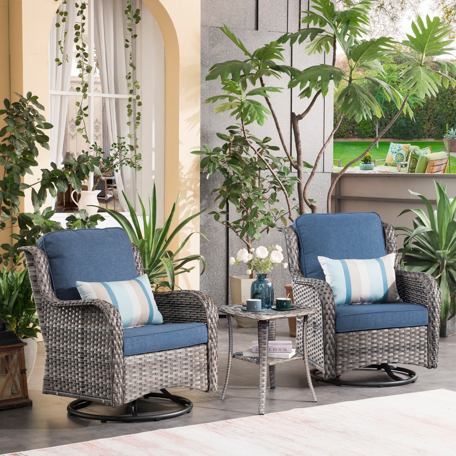 OVIOS 3-Piece Patio Wicker Swivel Chair Conversation Set