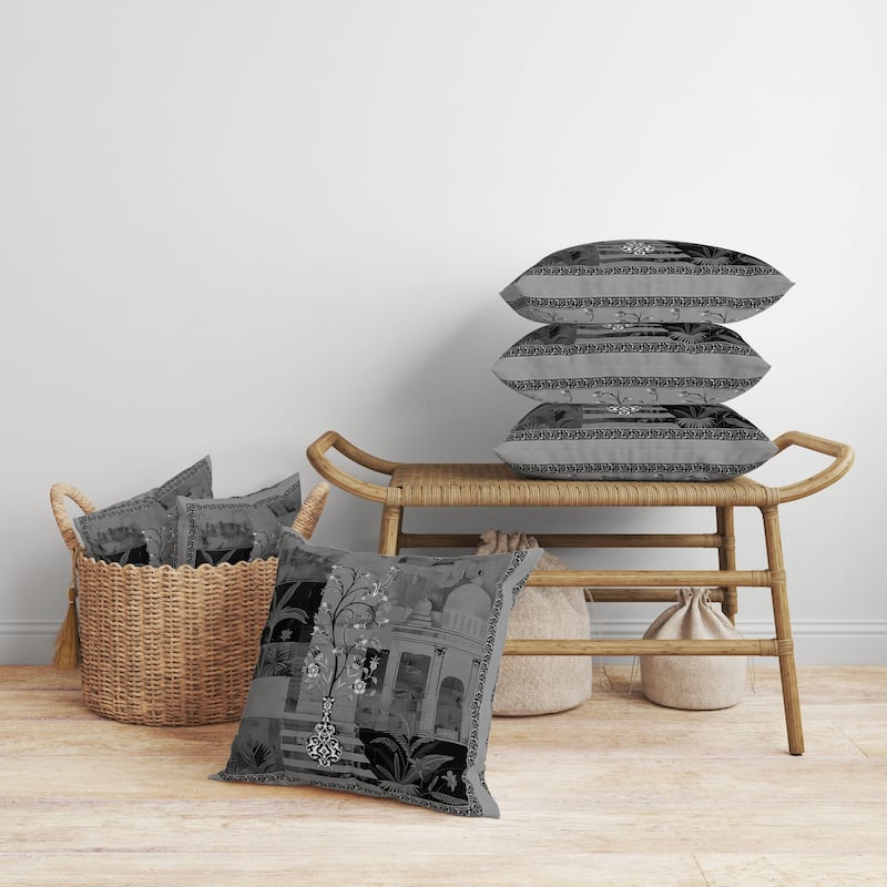 Shahi Garden Bloom Faux Suede Reversible Throw Pillow Gray and Black