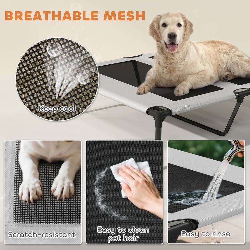 Light Grey-Black Elevated Dog Bed with Canopy, Cooling Pad and Storage Bag