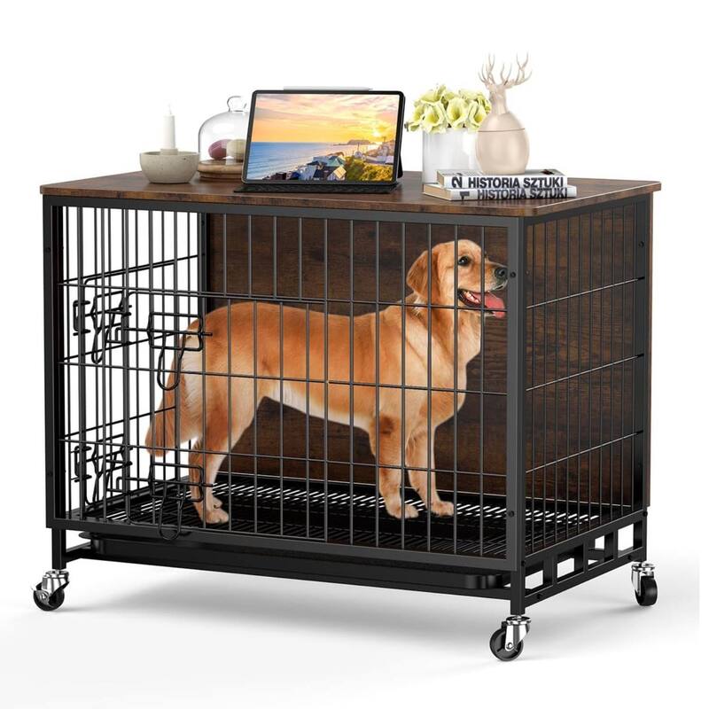 Wooden Dog Crate Furniture with Removable Tray and Wheels, Large