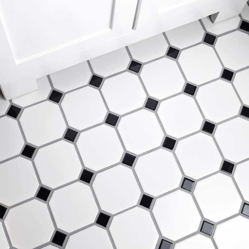 Merola Tile Metro Octagon Matte White w/Black Dot 11.5" x 11.5" Porcelain Mosaic
