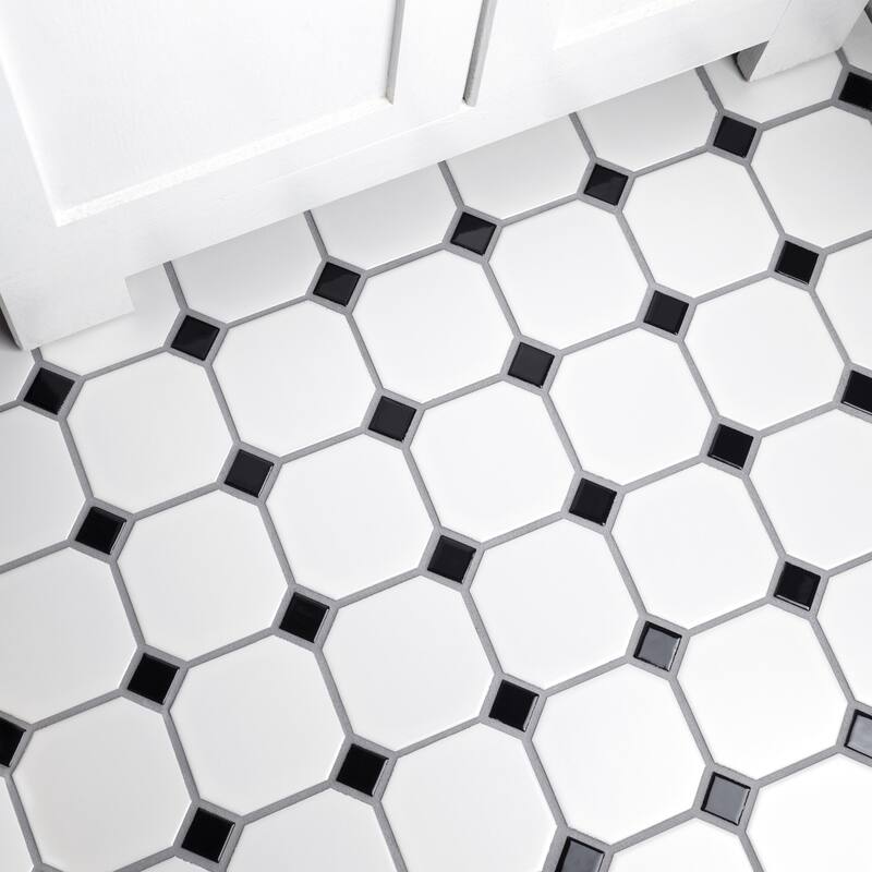 Merola Tile Metro Octagon Matte White w/Black Dot 11.5" x 11.5" Porcelain Mosaic
