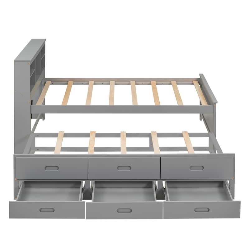 Roomfitters Twin Platform Bed with USB Charging Headboard, Trundle Bed and Open Storage Shelves
