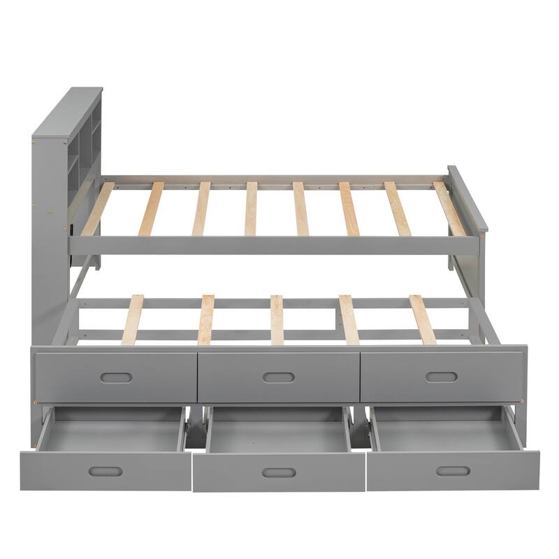 Twin Size Platform Bed with Storage Headboard, USB, Trundle, and 3 Drawers in Gray
